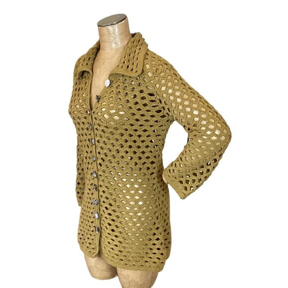 PURE Handknit Open Weave Cardigan Unique Gem Buttons 100% Cotton Sz S/M #283A - Picture 5 of 8